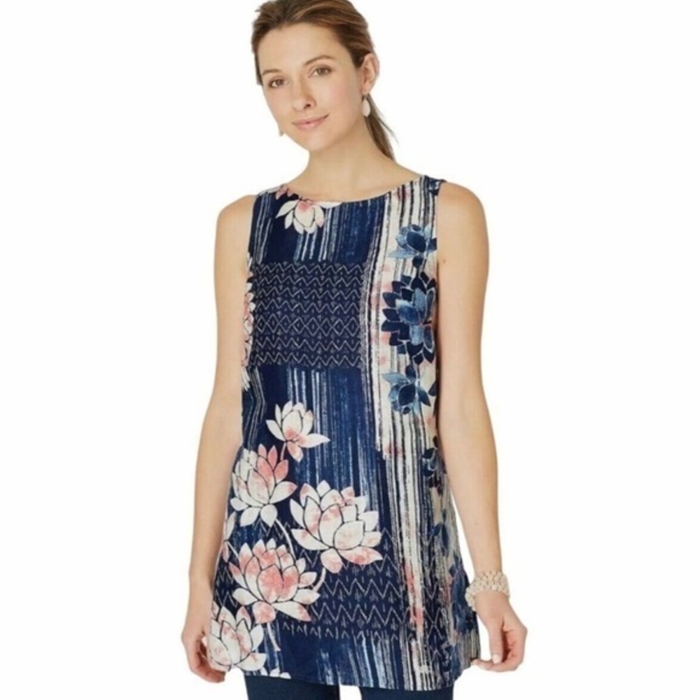 J. Jill Pure Jill Top Tunic Floral Linen Blue Pink 
XS Sleeveless Casual Party